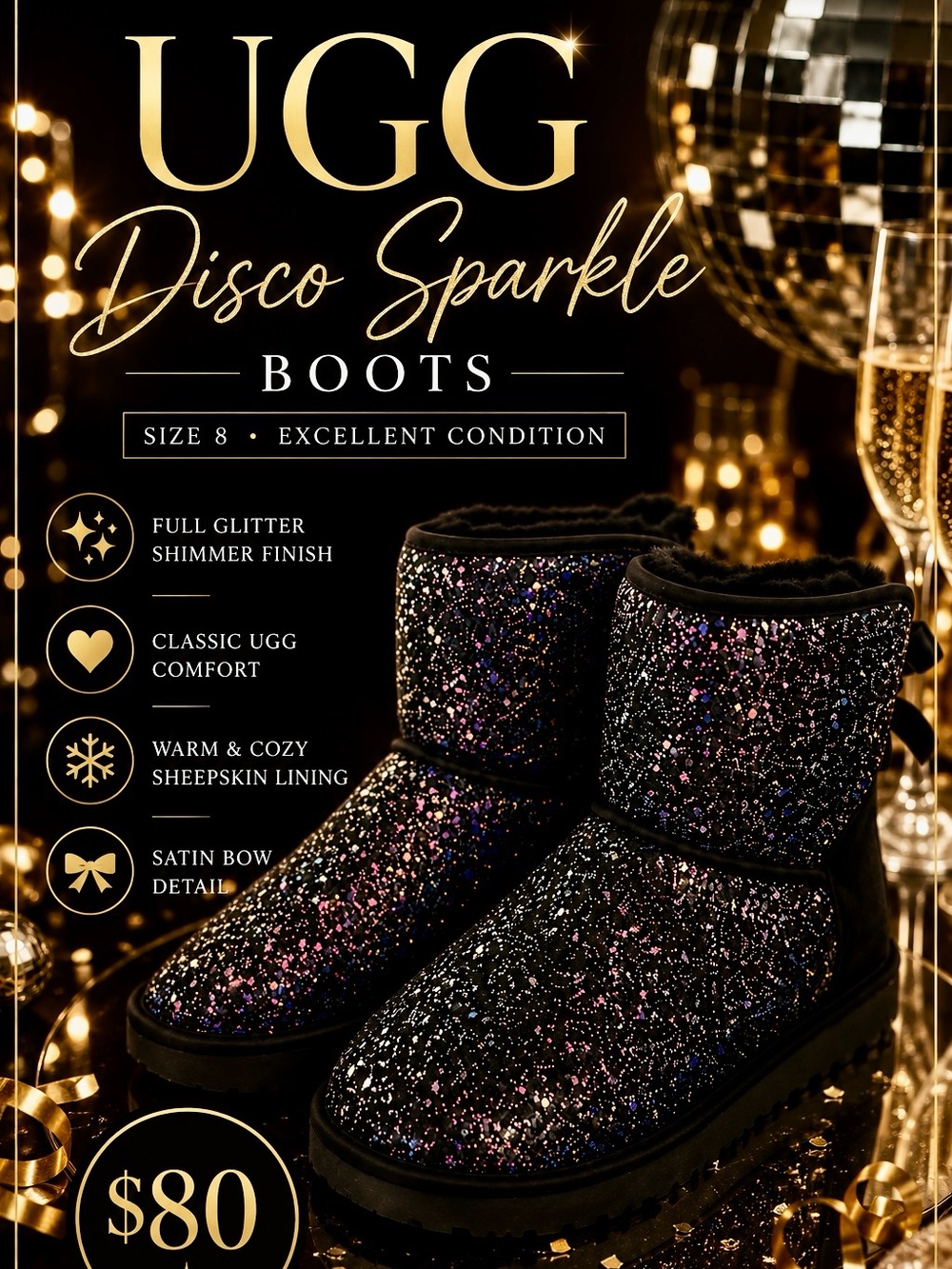 ✨ UGG Disco Sparkle Boots – Size 8 (Eye-Catching!) Excellent